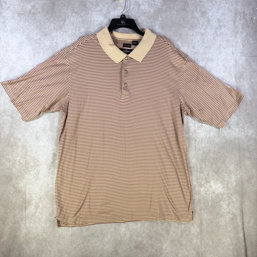Consensus Golf Polo Shirt Mens XXL Tan Burgundy Striped Double Mercerized Cotton